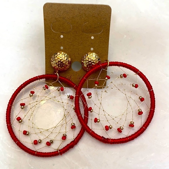New Gold and Red Dreamcatcher Pierced Earrings - Picture 1 of 4